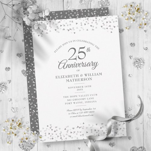 25th Wedding Anniversary Silver Hearts Confetti Invitation