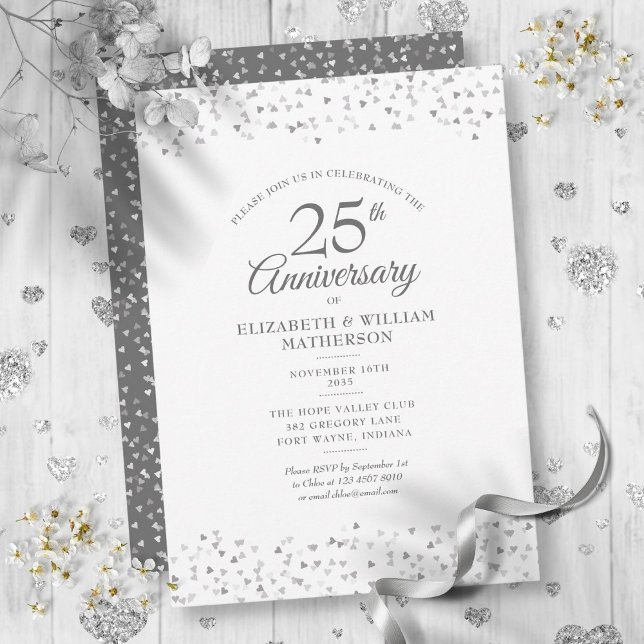 25th Wedding Anniversary Silver Hearts Confetti Invitation (25th Wedding Anniversary Silver Hearts Confetti Invitation)