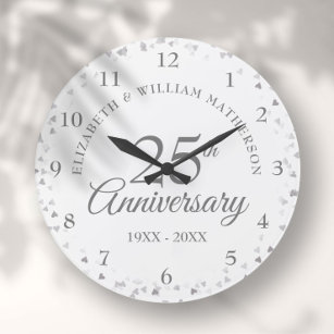 25th Wedding Anniversary Silver Hearts Confetti Large Clock