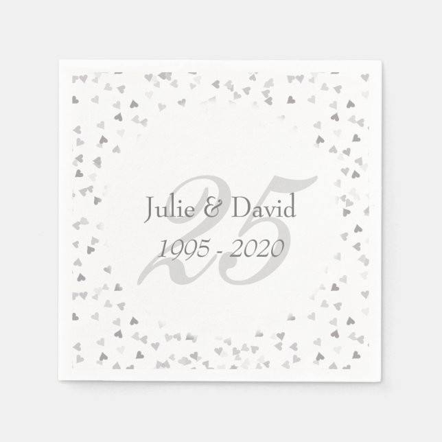 25th Wedding Anniversary Silver Hearts Confetti Napkins (Front)