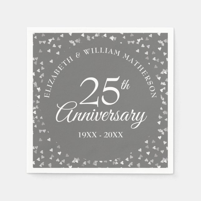 25th Wedding Anniversary Silver Hearts Confetti Napkins (Front)