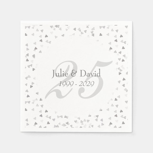 25th Wedding Anniversary Silver Hearts Confetti Napkins (Front)
