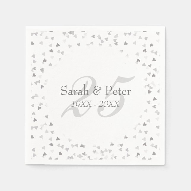 25th Wedding Anniversary Silver Hearts Confetti Napkins (Front)