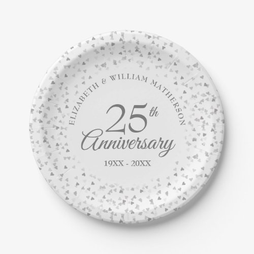 25th Wedding Anniversary Silver Hearts Confetti Paper Plates