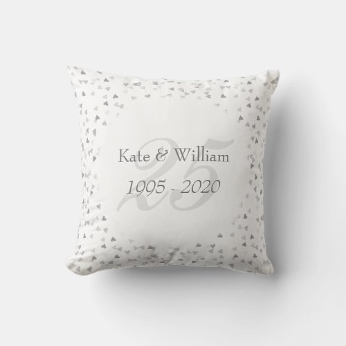 25th Wedding Anniversary Silver Hearts Confetti Throw Pillow