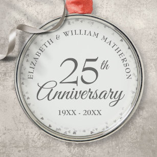 25th Wedding Anniversary Silver Hearts Metal Ornament