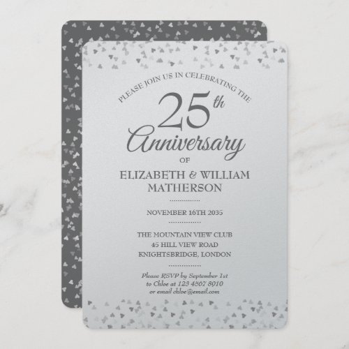 25th Wedding Anniversary Silver Hearts Metallic Invitation