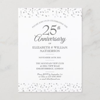 25th Wedding Anniversary Silver Love Hearts Invitation Postcard | Zazzle