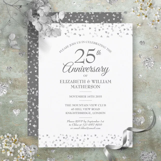 25th Wedding Anniversary Silver Love Hearts Invitation Postcard 