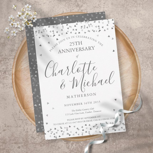 25th Wedding Anniversary Silver Love Hearts Script Invitation (Creator Uploaded)