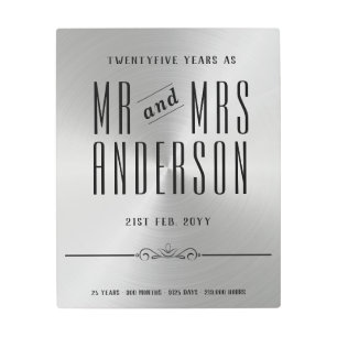 25th Wedding Anniversary Silver Metallic Metal Print