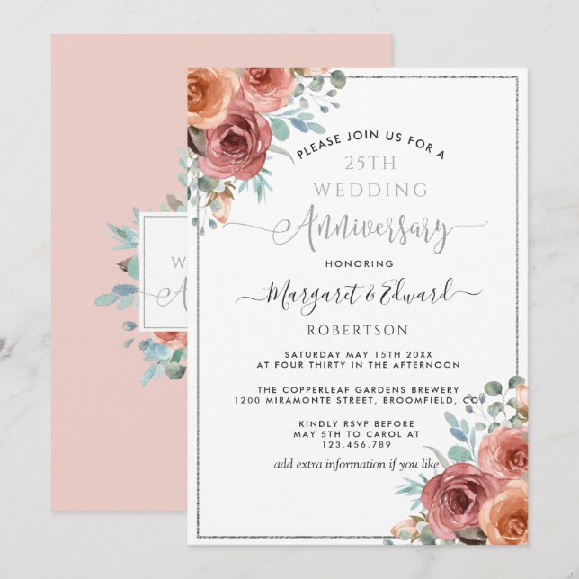 25th Wedding Anniversary, Silver Mint Peach Floral Invitation (Front/Back)