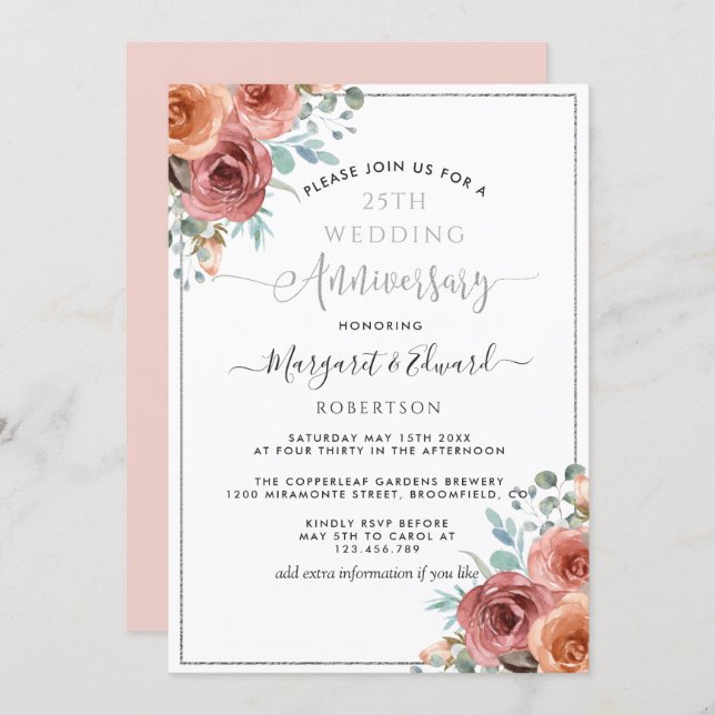 25th Wedding Anniversary, Silver Mint Peach Floral Invitation (Front/Back)