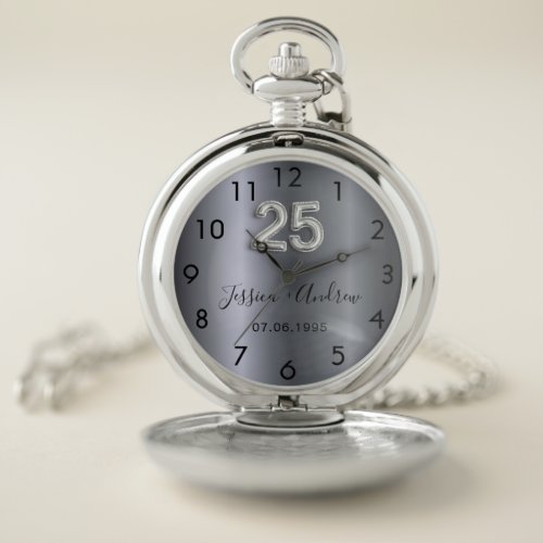 25th wedding anniversary silver names pocket watch