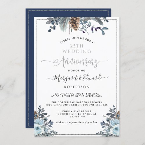 25th Wedding Anniversary Silver Navy Blue Floral Invitation