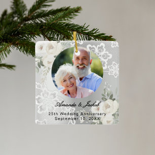 25th Wedding Anniversary silver photo florals lace Ceramic Ornament