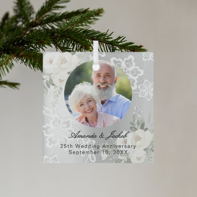 25th Wedding Anniversary silver photo florals lace Glass Ornament (Creator Uploaded)