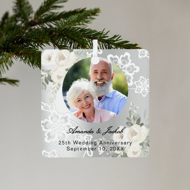 25th Wedding Anniversary silver photo florals lace Metal Ornament (Creator Uploaded)