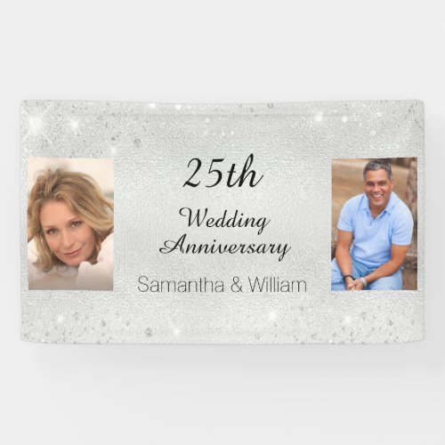 25th wedding anniversary silver photo glitter banner