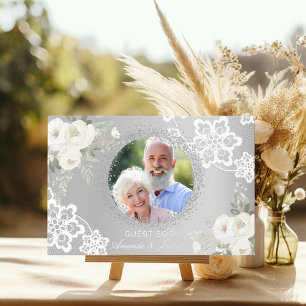 25th Wedding Anniversary silver photo lace floral Foil Guest Book