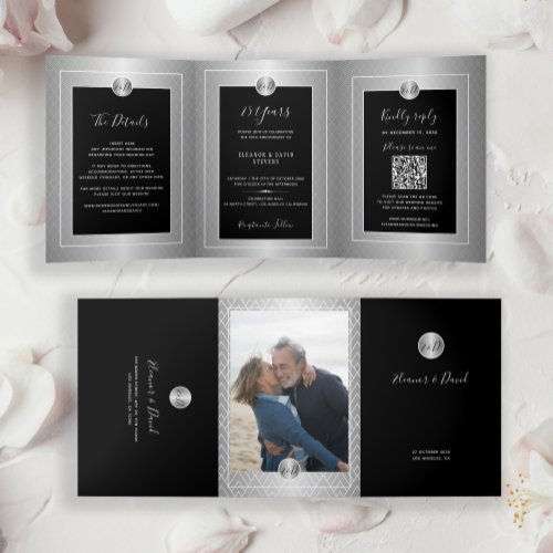 25th wedding anniversary silver photo QR RSVP Tri-Fold Announcement