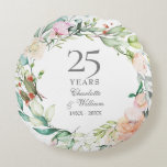25th Wedding Anniversary Silver Photo Roses Floral Round Pillow<br><div class="desc">Featuring a delicate watercolour floral garland,  this chic botanical 25th wedding anniversary keepsake pillow can be personalised with your special anniversary information in elegant silver text and your photo on the reverse. Designed by Thisisnotme©</div>
