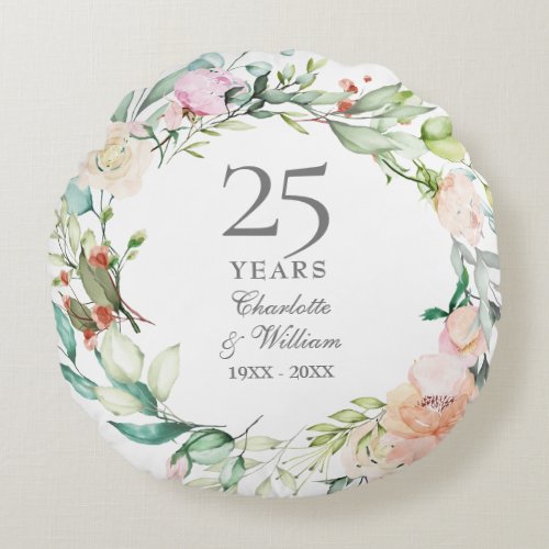 25th Wedding Anniversary Silver Photo Roses Floral Round Pillow