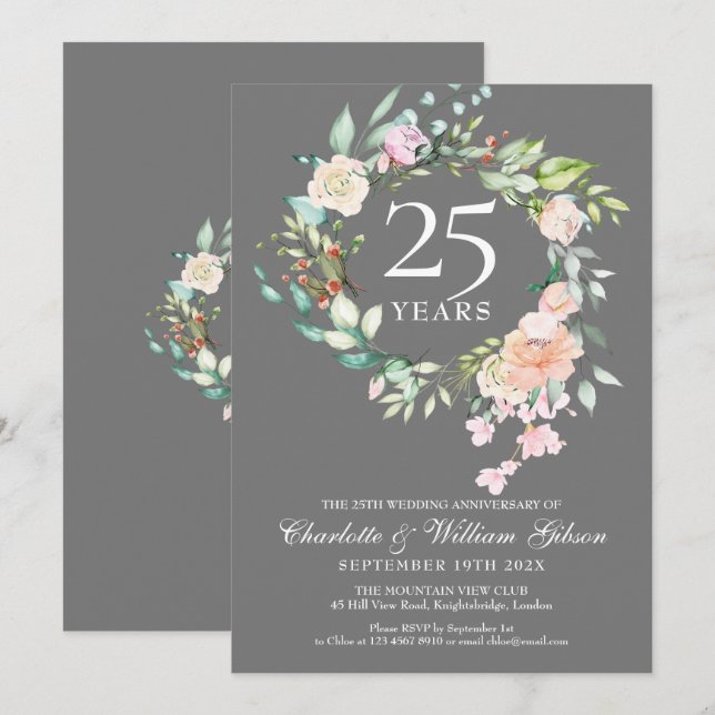 25th Wedding Anniversary Silver Roses Floral Invitation (Front/Back)