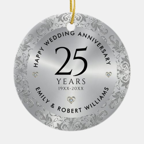 25th Wedding Anniversary Silver Sparkling Frame Ceramic Ornament