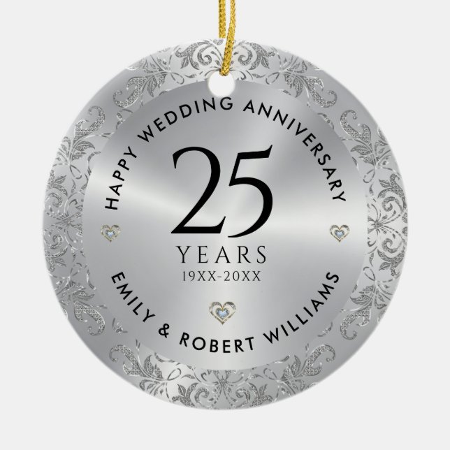 25th Wedding Anniversary Silver Sparkling Frame Ceramic Ornament (Front)