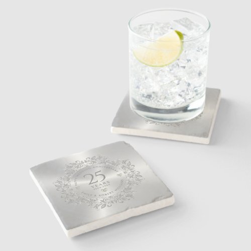 25th Wedding Anniversary Silver Sparkling Frame Stone Coaster