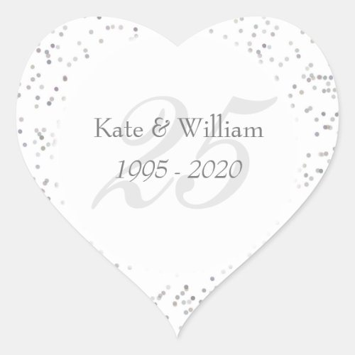 25th Wedding Anniversary Silver Stardust Confetti Heart Sticker