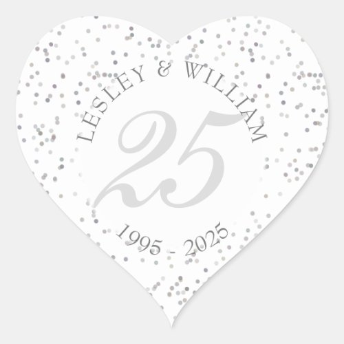 25th Wedding Anniversary Silver Stardust Confetti Heart Sticker