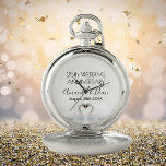 25th wedding anniversary silver swan couple pocket watch<br><div class="desc">Two beautiful swans in love bending their heads toghether and forming a heart.  White elegant background,  perfect for a silver wedding anniversary gift!  A swan couple stay together for life,  so they are the perfect symbol of love. With the text: 25th Anniversary. Templates for names and date.</div>