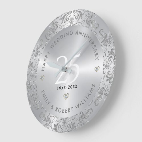 25th Wedding Anniversary Silver Swirls Large Clock