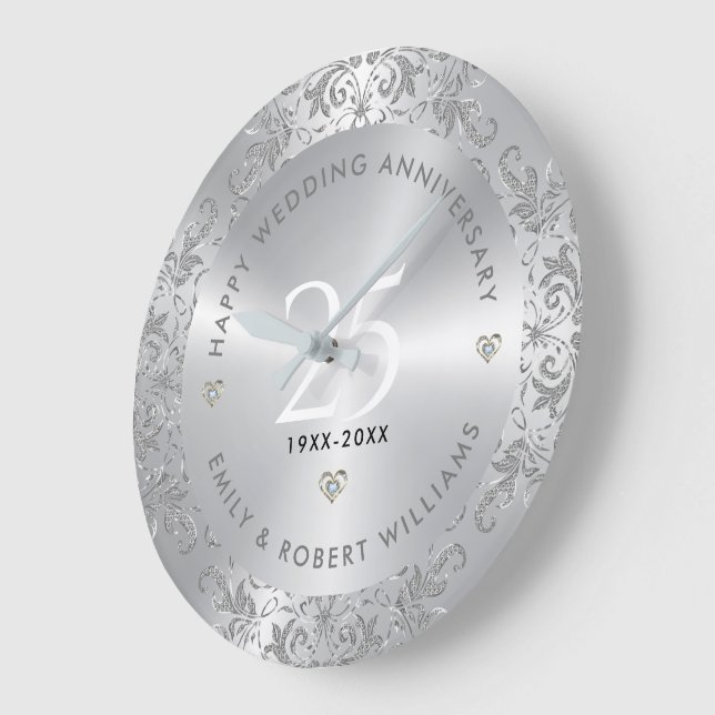 25th Wedding Anniversary Silver Swirls Large Clock (Angle)
