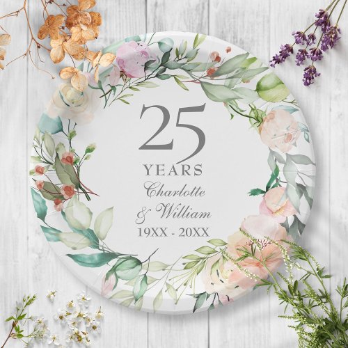 25th Wedding Anniversary Silver Watercolor Floral Paper Plates