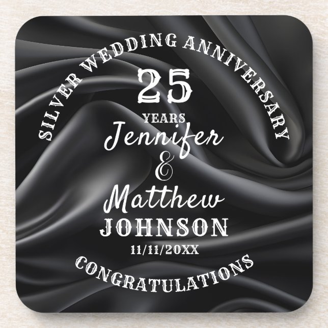 25th WEDDING ANNIVERSARY Silver Wedding Editable Beverage Coaster (Front)