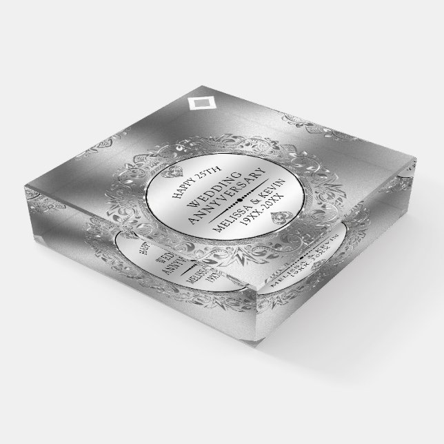 25th wedding anniversary silver & white diamonds 2 paperweight (Angled)