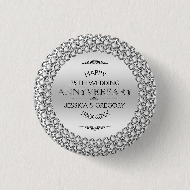 25th Wedding Anniversary Silver & White Diamonds Button (Front)