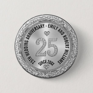 25th Wedding Anniversary Silver White Diamonds Button