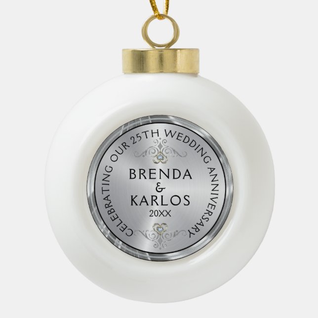 25th wedding anniversary silver & white diamonds c ceramic ball christmas ornament (Front)