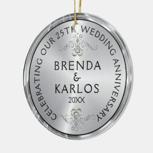 25th wedding anniversary silver & white diamonds ceramic ornament