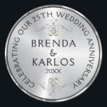 25th wedding anniversary silver & white diamonds k classic round sticker<br><div class="desc">Elegant 25th wedding anniversary celebration template with an image of metallic silver background with white diamond heart accent.</div>