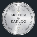 25th wedding anniversary silver & white diamonds k classic round sticker<br><div class="desc">Elegant 25th wedding anniversary celebration template with an image of metallic silver background with white diamond heart accent.</div>