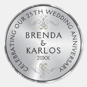 25th wedding anniversary silver & white diamonds k classic round sticker