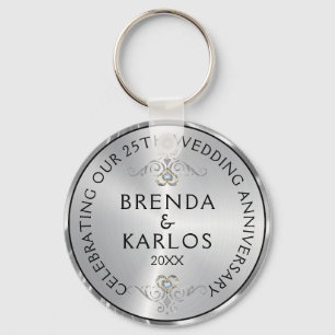 25th wedding anniversary silver & white diamonds keychain