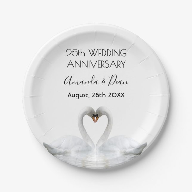 25th wedding anniversary silver white swans paper plates (Front)