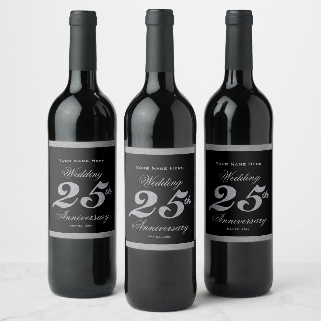 25th Wedding Anniversary Silver Wine Label (Bottles)