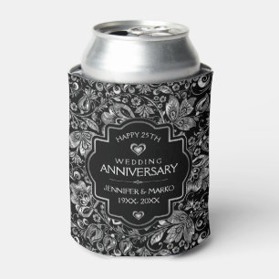 25th Wedding Anniversary & SilverFloral Damasks Can Cooler